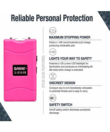 SABRE Pepper Spray And 2-in-1 Stun Gun and Flashlight, 25 Bursts of Max Police Strength OC Spray, Intuitive Finger Grip, Painful 1.160 C Charge, 120 Lumens, Rechargeable, Safety Switch, Holster Pink - Buy Online on GoSupps.com