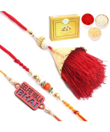 Ghasitaram Gifts Rakhi for Brother Rakhis Online - Set of 3 Bong of Blessings Bhaiya Bhabhi Rakhi and Selfiewala Bhai Kids Rakhi with 400 GMS of Soan Papdi
