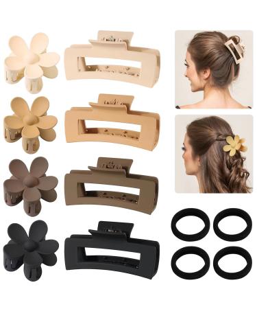 8 Pack Large Hair Claw Clips for Thick Thin Hair 2 Styles Hair Claw Clips for Women Girls 4 Flower Claw Clip & 4 Rectangular Claw Hair Clips with 4Pcs Hair Ties Neutral Colors Square Hair Claws 4.1 Inch
