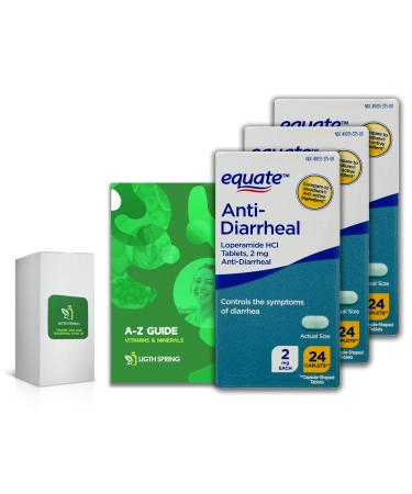 Equate Anti-Diarrheal - Loperamide Hydrochloride | 2 mg 24 Caplets (3 Pack) Bundle Exclusive Vitamins & Minerals - A to Z - Better Ligth&Spring Guide (4 Items)