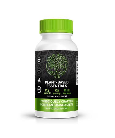 SOLID ROOTS Vegan Vitamin D3 + K2 +B12 for Bones Heart Skin Teeth Plant-Based Multivitamin Essentials