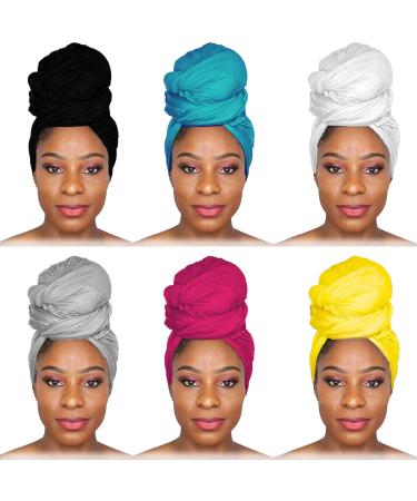 6 Pieces Head Wraps Scarf Long Turban Stretch Jersey Ultra Soft Urban Knit Hair Scarfs Solid Color African Headbands Tie Breathable Headwrap Fashion Shawls for Women Yellow-white-cyan-black-rose Red-silver Grey