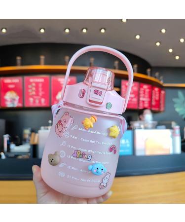 AXLOFO  Glitz Big Belly Bottle  Kawaii Water Bottles with Straw and Strap  Water Jug with Time Marker  Cute Water Cups for School Outdoor Camping Student Children (Pink 1300ml)
