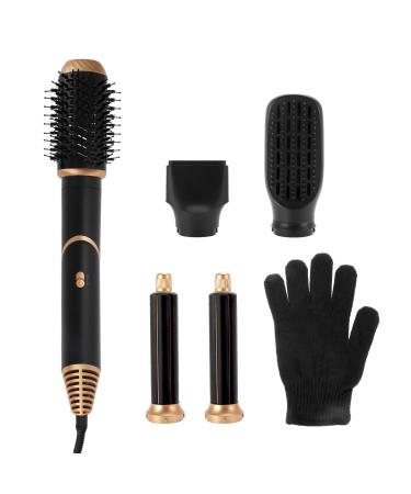 VOCOSTE Hot Air Brush 5 in 1 Hair Dryer Brush Detachable Hair Dryer Styler Volumizer Hair Straightener Comb Blow Dryer Electric Curling Wand Set Black Gold Tone