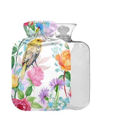 Hot water bottle with watercolor flowers birds with lid 1 l small hot water bag for pain relief hot and cold compress BPA free