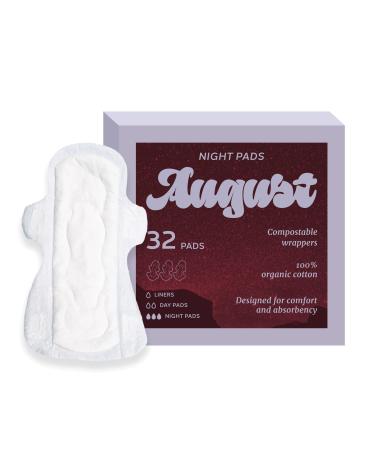 August Organic Menstrual Night Pads 100% Certified Organic Cotton Compostable Wrappers Toxin Free Fragrance Free Hypoallergenic 32 Pads 32 Count (Pack of 1) - Buy Online on GoSupps.com