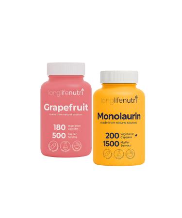 LongLifeNutri Grapefruit Seed Extract 500 mg + Monolaurin 1500 mg Bundle - 180 + 200 Vegetarian Capsules Daily Energy & Balance Gut Health & Natural Defense GMP Certified Made in USA