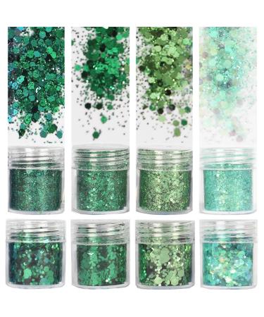 COKOHAPPY St. Patrick's Day Holographic Green Chunky Glitter 8 Boxes 10ml Sequins Iridescent Flakes Hexagon Tips Mixed Paillette Face Eyes Body Hair Nail Art