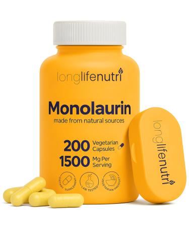 LongLifeNutri Monolaurin 1500mg - Potent Glycerol from Coconut 200 Vegetarian Capsules Organic Supplement for Gut Balance & Natural Defense 100-Day Supply GMP Certified Made in USA 200 Count (Pack of 1)