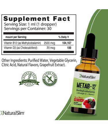 NaturalSlim Metab-12 Drops - Vitamin B12 Sublingual 2500 mcg with Vitamin D3 - Oral Methylcobalamin for Metabolism & Energy - Gluten Free - 1 fl oz Berry - Buy Online on GoSupps.com
