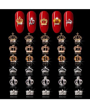 WOKOTO 30Pcs Gold And Silver 3D Crowns For Nails 3D Alloy Crown Nail Charms For Nail Art 3D Studs Crown Diamonds Nail Jewels Set Crown Nail Studs Clear Crystals Manicure Jewelry For Women And Girls KIT2