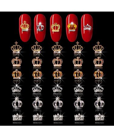 JERCLITY 30 Pieces 3D Gold and Silver Crown Nail Charms for Nails Nail  Crown Charms Crown Diamonds for Women Nail Art Nail 3D Charms Crown Charms  Studs for Nails Crown Nail Jewels