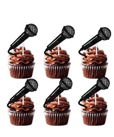 18pcs Black Glitter Microphone Dessert Cupcake Topper for Music KTV Theme Decor Supplies Boys Girls Happy Birthday Anniversary Wedding Party Decoration