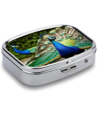 Beautiful Peacock Print Pill Box - 2 Compartment Portable Metal Organizer for Medicine | Stylish Pill Case for Pocket or Purse - Buy Online on GoSupps.com
