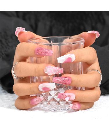 Sethexy Long Coffin False Nails - Handmade Glittering 3D Crystal Heart Chain Press-On Acrylic Nails for Women & Girls - Perfect for International Shipping - Buy Online on GoSupps.com