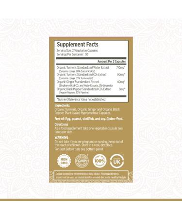 Certified Organic Turmeric Capsules with Black Pepper, Ginger, and High Strength Curcumin - 60 Count - Buy Online on GoSupps.com