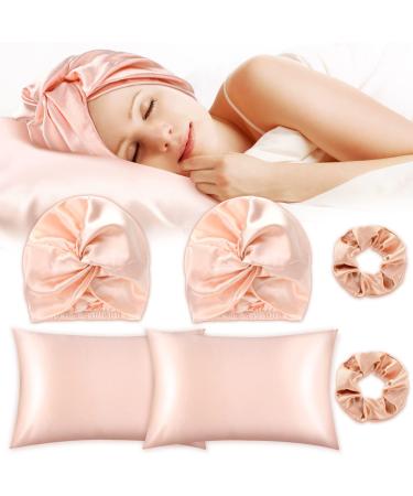 6 Pieces Silk Cap Silk Pillowcase Set Silk Sleeping Bonnet Silk Hair Wrap Silk Pillow Cases Silk Hair Scrunchies Silk Hair Ties Elastic Silk Ponytail Holders for Women Girls (Rose Gold Pink) Rose Gold Pink