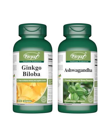 VORST Ginkgo Biloba 90 Capsules and Ashwagandha 60 Capsules (Combo Bundle 2 Bottles)