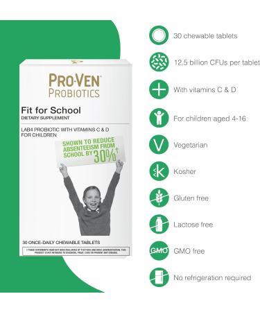 Pro-Ven Fit for School Kids Probiotic Chewable Tablets | 12.5 Billion CFUs with Vitamin C & D for Ages 4-16 | Natural Strawberry Flavor | Vegetarian Gluten & Lactose Free | 30 Daily Tablets - Buy Online on GoSupps.com