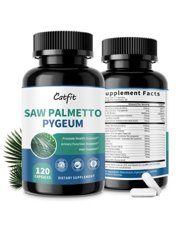 Catfit Saw Palmetto for Men Prostate Health & Urinary Support & DHT Blocker Hair Health with Biotin 6000mcg Pumpkin Seed Oil Pygeum & Lycopene Energy & Vitality Formula 120 Capsules 120 Count (Pack of 1)