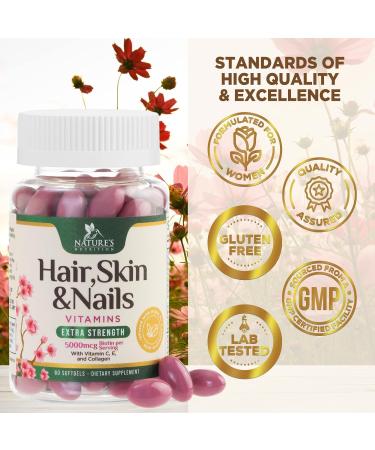 Hair Skin & Nails Vitamins for Women - Biotin 5000mcg to Support Hair Growth with Argan Oil Collagen & Hyaluronic Acid Beautiful Stronger Skin Hair & Nails Vitamin Supplement - 60 Softgels 60 Count (Pack of 1) - Buy Online on GoSupps.com
