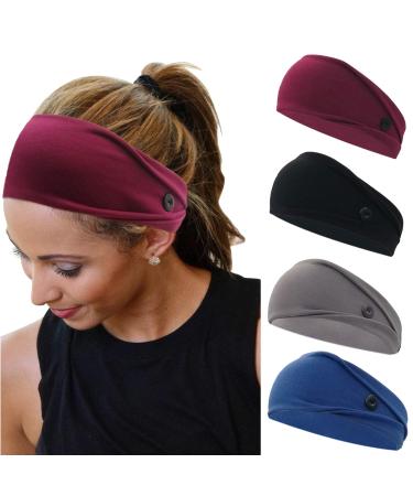 YONUF Headbands For Women Girls Nurses Doctors With Buttons Elastic Yoga Hair Bands Accessories Non Slip 4 Pcs Solid