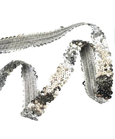 Gnognauq 10 Yards 1 Elastic Sequin Glitter Trim Spool - Metallic Silver Ribbon Trim for Wedding Dress, Headbands - 3-Row Paillette Fabric Embellishment - Buy Online on GoSupps.com