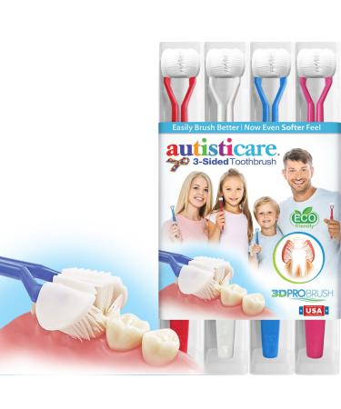 autisticare 4-PK Sensory 3-Sided Toothbrush for Special Needs | Now Even Softer | Fast Easy & Clinically Proven | Autism Spectrum Disorder | Autistic Asperger Caregiver Calm Made in USA