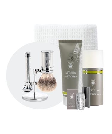 M HLE Traditional shaving set 8 pcs. - brush razor and metal stand chrome-plated blade cream cloth after shave - Buy Online on GoSupps.com