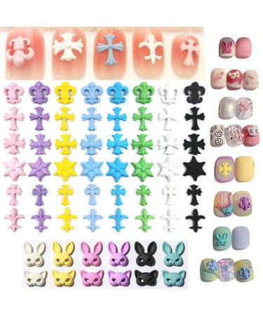 60 PCS Cross Nail Charms Colored 3D Art Metal Nail Gems Jewels DIY Decorations Kit Vintage Cute Animal Manicure Accessories for Women Girls Multicolored