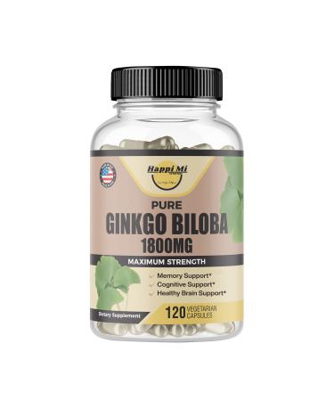 Happi Mi Nutrition Ginkgo Biloba 1800mg  Ginkgo Biloba Organic  Memory & Brain Function Support  Improves Concentration and Cognitive Support  Clarity  120 Veggie Caps  Non GMO  120Caps