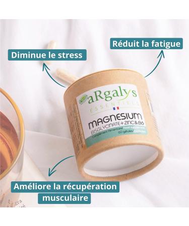 Magnesium Bisglycinate + Vitamin B6 + Zinc Bisglycinate | Combat Fatigue - Stress | High Content 300mg/d & Bioavailability | 60 Capsules - Vegan | Made in France | Argalys Essentials - Buy Online on GoSupps.com