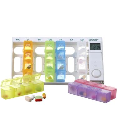 Edoso 7-Day Pill Organizer with Alarm | Weekly Medicine Box & Timer for Memory | German Description | Reinforced Alarm Tone | Colorful Tablet Containers - Buy Online on GoSupps.com