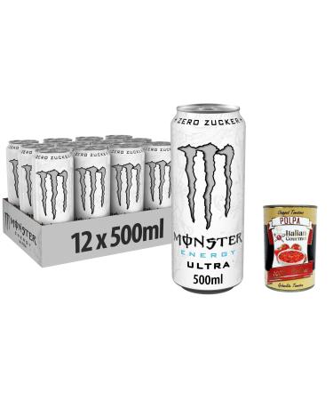 Italian Gourmet E.R. Monster Energy Ultra White Pack of 48 Energy Drinks with Mild Citrus Caffeine Sugar Free and Calorie Free 500ml + Italian Gourmet Polpa 400g