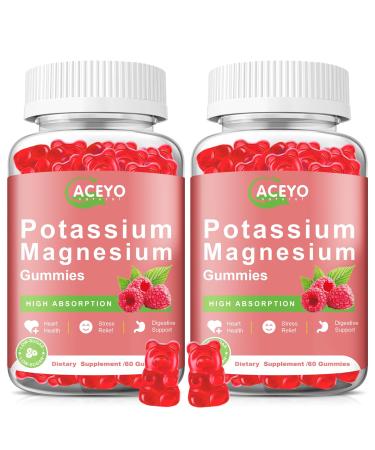 2 Pack Potassium Magnesium Gummies for Adult Kids High Absorption Leg Cramps & Muscle & Heart Health Immune Health Raspberry Magnesium Gummies Chewable Gummy Supplement Vegan Non-GMO 120 Count (Pack of 1)