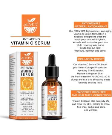 Vitamin C Serum with Hyaluronic Acid 30ML 20% Anti-Aging Vitamin C Anti-Wrinkle and Anti-Dark Spots Face Serum for Smooth Skin for Day and Night - Buy Online on GoSupps.com