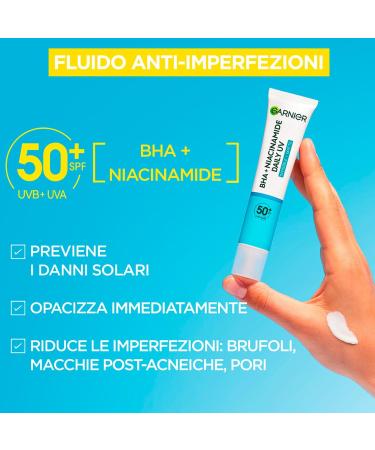 Garnier PureActive Anti-Imperfections Anti-UV Daily Mattifying Face Fluid with BHA and Niacinamide SPF 50+ Very High Protection - 2 Bottles of 40ml - Buy Online on GoSupps.com