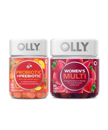 OLLY Probiotic + Prebiotic and Women s Perfect Multi Starter Pack Bundle Live Cultures & Friendly Fiber Vitamins A C D E Bs Biotin & Folic Acid 30 and 90 Count