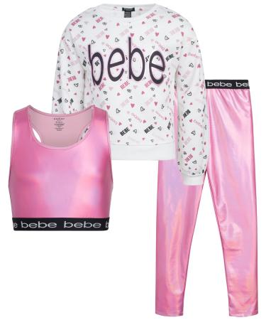 bebe Girls' Workout Set - 3 Piece Performance Fleece Sweatshirt, Leggings, and Sports Training Bralette Set (7-12) Pink Metallic 7-8