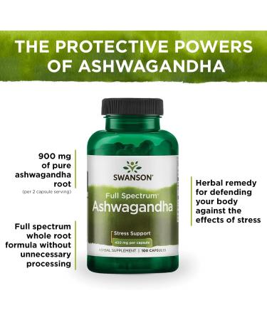 Swanson Ashwagandha Powder Supplement - Stress Relief & Energy Support - 100 Capsules, 450mg - Ayurvedic Wellness - Buy Online on GoSupps.com