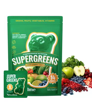 NEWELLME Super Greens Multivitamin Gummies Superfood Gummies with Spirulina Chlorella Kale & Prebiotic Fiber for Gut Health Immune Support Natural Energy & Detox Vegan & Sugar-Free 14 Count 14 Daily Packs