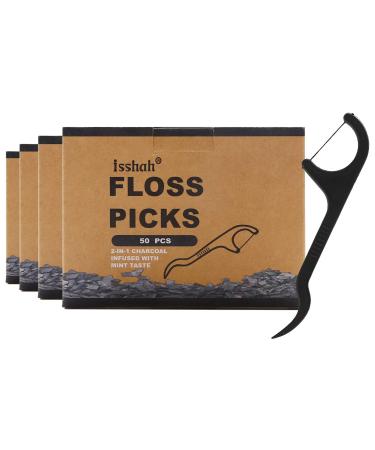 Natural Dental Floss Picks - 200 Count - BPA Free, Vegan, Sustainable, Eco Friendly, Natural Dental Flossers by Isshah (Charcoal)