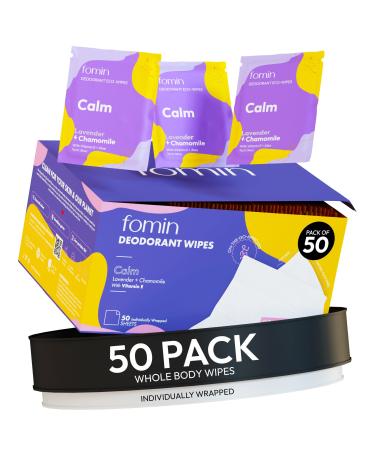 FOMIN Travel Deodorant Wipes - 50 Count - Calming Lavender and Chamomile - pH Balanced Hypoallergenic Mini Deodorant Wipes For Women and Men - Plastic-Free Individually Wrapped Underarm & Body Wipes Calm - Lavender Chamomile