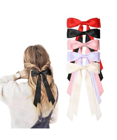 5PC Silky Satin Hair Bows Hair Clip Ribbon Ponytail Holder Accessories Black Bow Hair Clip Hair Bows for Women(Black/Red/Purple/Pink/White)