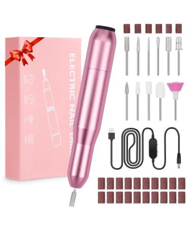Sarmeley Electric Nail Files Professional Electric Nail Drill Set for Acrylic Gel Nails Portable Manicure Pedicure Kit with Sanding Bands Pink