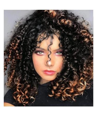Curly Wigs for Black Women - Brown Mixed Black Synthetic Hair African American Full Kinky Curly Afro Wig with Bangs Brown Mixed Black #T1B/30