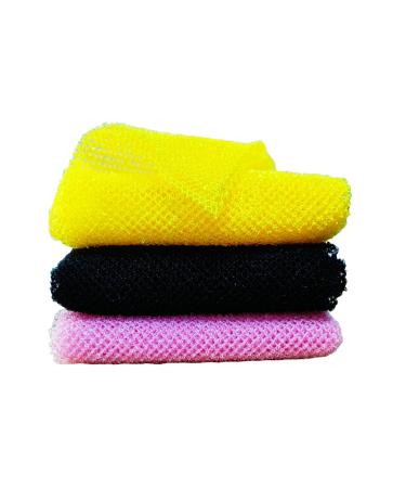 Haisalin 3 Pieces African Bath Sponge African Net Long Net Bath Sponge Exfoliating Shower Body Scrubber Back Scrubber Skin Smoother Great for Daily Use (Pink Yellow Black)
