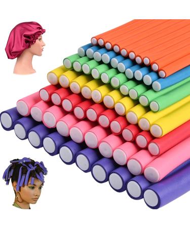 70 Pack 9.4 Inch Flex-rods Hair Rollers+Silk Sleep Bonnet Cap, Twist-flex Foam Hair Roller Curling Rods-Hair Curlers Rollers for Short, Medium, Long thick Hair(7 Size Random Color) Colorful