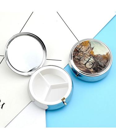 Round Pill Box with Amsterdam Bicycle Print | 3 Compartment Decorative Metal Pill Organizer | Portable Pocket Pill Case - Buy Online on GoSupps.com