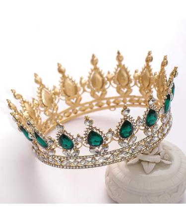 FORSEVEN Queen Crown Rhinestone Wedding Tiara | Crystal Bridal Princess Crown for Women - Gold and Green | Costume Party Hair Accessory - Buy Online on GoSupps.com